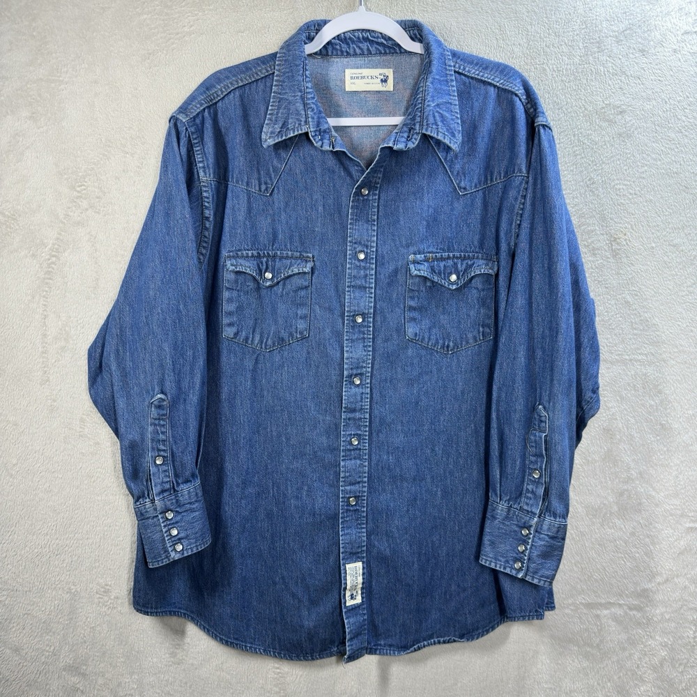 VTG Genuine‎ Roebucks Shirt Mens XXL Denim Pearl Snap Flap Pocket Western Sears
